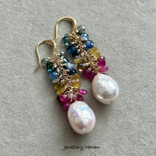 Load image into Gallery viewer, Multi colour sapphires and Edison pearl earrings
