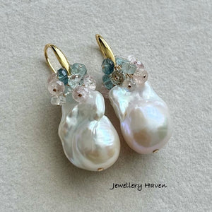 Baroque pearls, aquamarine and pink morganite cluster earrings