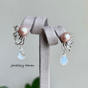Butterfly pearl studs with rainbow moonstone