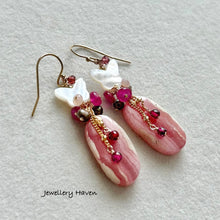 Load image into Gallery viewer, Rhodochrosite and mother of pearl butterfly earrings