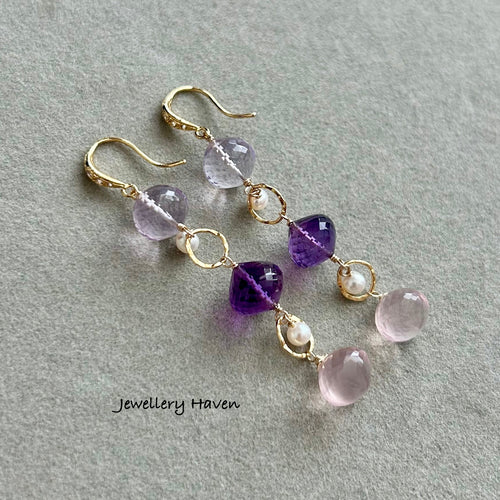 Pink amethyst, amethyst, rose quartz earrings