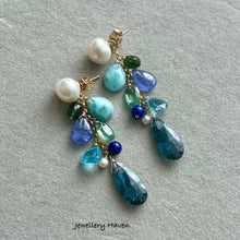 Load image into Gallery viewer, Teal moss kyanite, Larimar, tanzanite and baby baroque pearl studs earrings (detachable style)