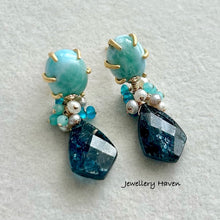 Load image into Gallery viewer, Teal moss kyanite with larimar studs earrings