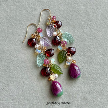 Laden Sie das Bild in den Galerie-Viewer, Ruby zoisite, garnet, fluorite, pink amethyst carved leaf earrings
