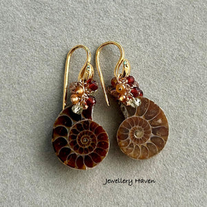 Ammonite and gems cluster earrings