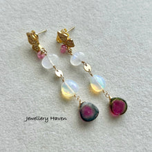 Load image into Gallery viewer, Watermelon tourmaline, moonstone and opal earrings