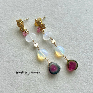 Watermelon tourmaline, moonstone and opal earrings