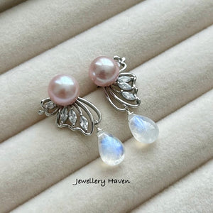 Butterfly pearl studs with rainbow moonstone