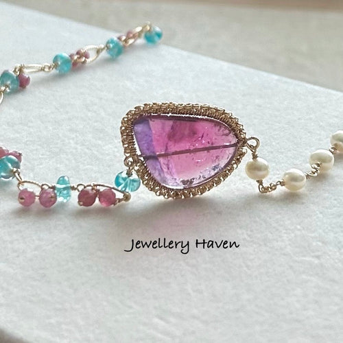 Pink tourmaline slice, apatite and pearl necklace