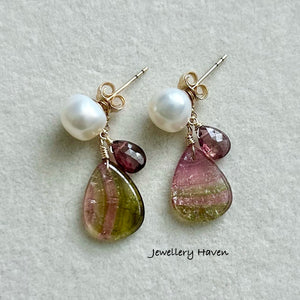 Rare tourmaline slice dangle with baby baroque pearl studs