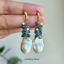 Cargar imagen en el visor de la galería, Baroque pearl, blue green sapphire , tanzanite and earrings