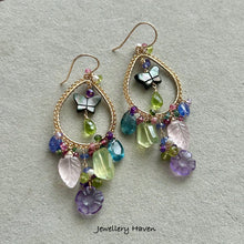 Charger l'image dans la galerie, Mother of pearl butterfly, amethyst, rose quartz, prehnite chandelier earrings