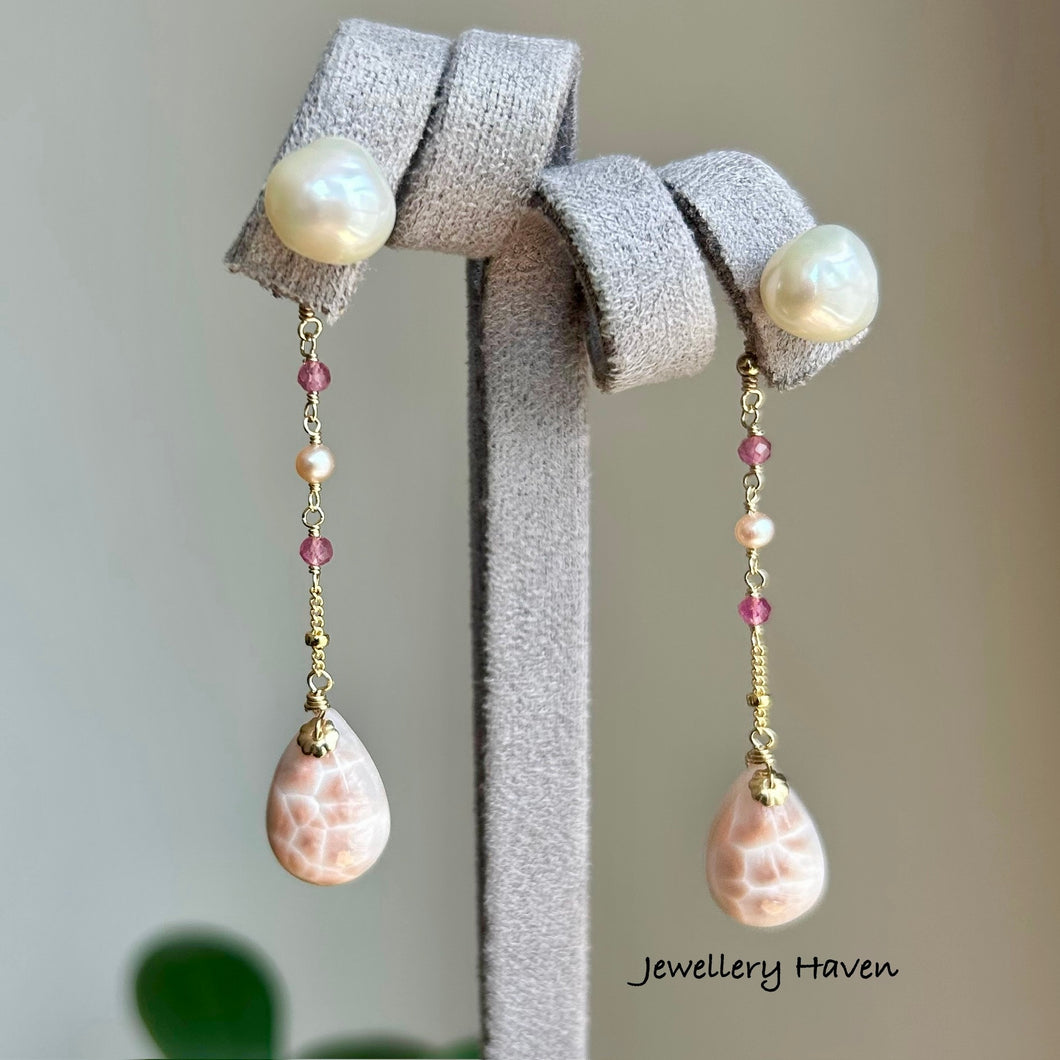 Pink Natrolite with keshi pearl studs earrings (detachable)