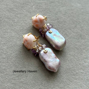 Pink Natrolite studs with metallic iridescent lavender pearl dangle earrings (detachable)