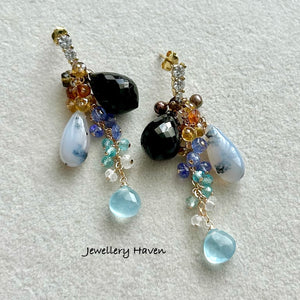 Dendritic opal, black spinel earrings