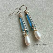 Load image into Gallery viewer, Blue flash labradorite and AAA long drop pearl earrings