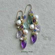 Load image into Gallery viewer, Pearl, amethyst, fluorite, pink amethyst carved leaf earrings