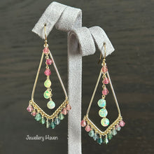 Load image into Gallery viewer, Tourmaline and Ethiopian opal chandelier earrings