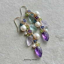 Load image into Gallery viewer, Pearl, amethyst, fluorite, pink amethyst carved leaf earrings