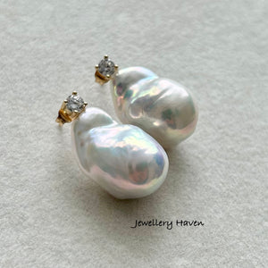 Rare bluish iridescent baroque pearl stud earrings