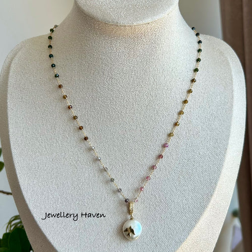 Ombré tourmaline and coin pearl pendant necklace
