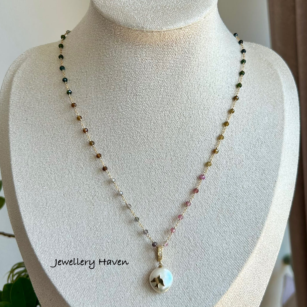 Ombré tourmaline and coin pearl pendant necklace