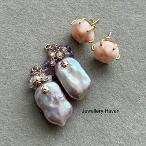 Pink Natrolite studs with metallic iridescent lavender pearl dangle earrings (detachable)