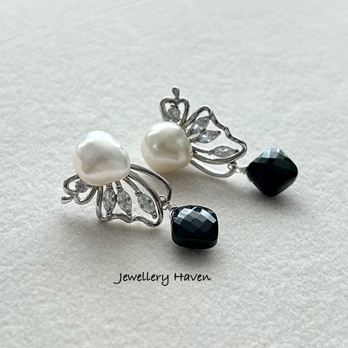 Butterfly pearl studs with black spinel