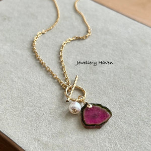 Watermelon tourmaline slice toggle necklace