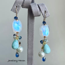 Load image into Gallery viewer, Blue flash rainbow moonstone earrings