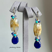 Charger l'image dans la galerie, Golden rutilated quartz and lapis lazuli earrings