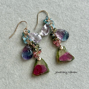 Watermelon tourmaline, fluorite, pink amethyst earrings