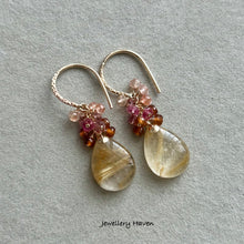 Laden Sie das Bild in den Galerie-Viewer, Golden rutilated quartz, tourmaline, Hessonite garnet earrings