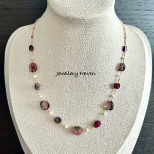 Watermelon tourmaline and pearl necklace