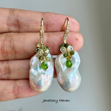 Load image into Gallery viewer, Iridescent baroque pearl, Ethiopian opal and green tourmaline earrings