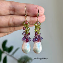 Load image into Gallery viewer, White Edison pearl, pink tourmaline, peridot and pink amethyst earrings