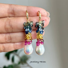 Load image into Gallery viewer, Multi colour sapphires and Edison pearl earrings