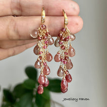 Load image into Gallery viewer, Andesine, pink tourmaline and garnet tassel earrings