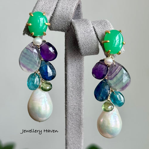 Apple green chrysoprase studs, banded fluorite, amethyst, kyanite and edison pearl earrings (detachable dangle)