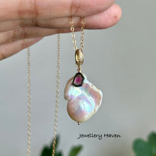 Cargar imagen en el visor de la galería, High lustre rainbow iridescent baroque pearl, watermelon tourmaline necklace