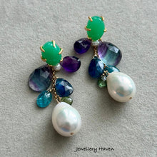 Cargar imagen en el visor de la galería, Apple green chrysoprase studs, banded fluorite, amethyst, kyanite and edison pearl earrings (detachable dangle)