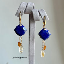 Carica l'immagine nel visualizzatore di Gallery, Lapis lazuli, citrine and golden rutilated quartz earrings