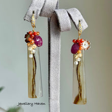 Cargar imagen en el visor de la galería, Montana agate, Ruby, Mexican fire opal earrings