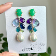 Cargar imagen en el visor de la galería, Apple green chrysoprase studs, banded fluorite, amethyst, kyanite and edison pearl earrings (detachable dangle)
