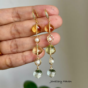 Citrine, lemon quartz, green amethyst earrings