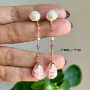 Pink Natrolite with keshi pearl studs earrings (detachable)