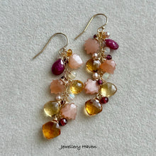 Load image into Gallery viewer, Reserved for J … Leaf peach moonstone, citrine and ruby earrings