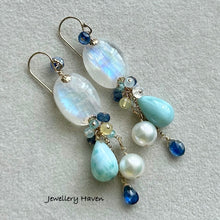 Load image into Gallery viewer, Blue flash rainbow moonstone earrings