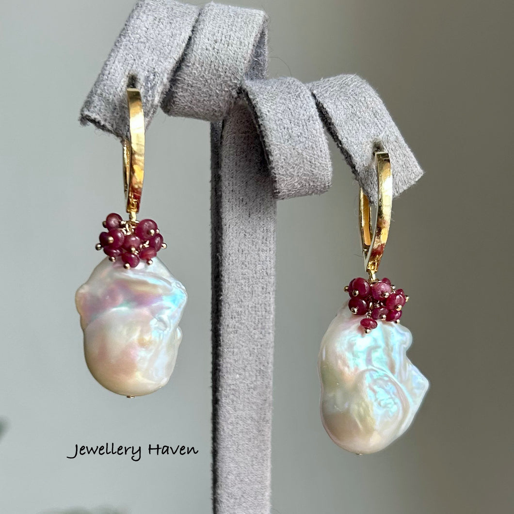 Pinkish iridescence white baroque pearl and ruby earrings