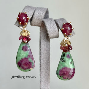 Ruby zoisite and ruby studs earrings (detachable style)